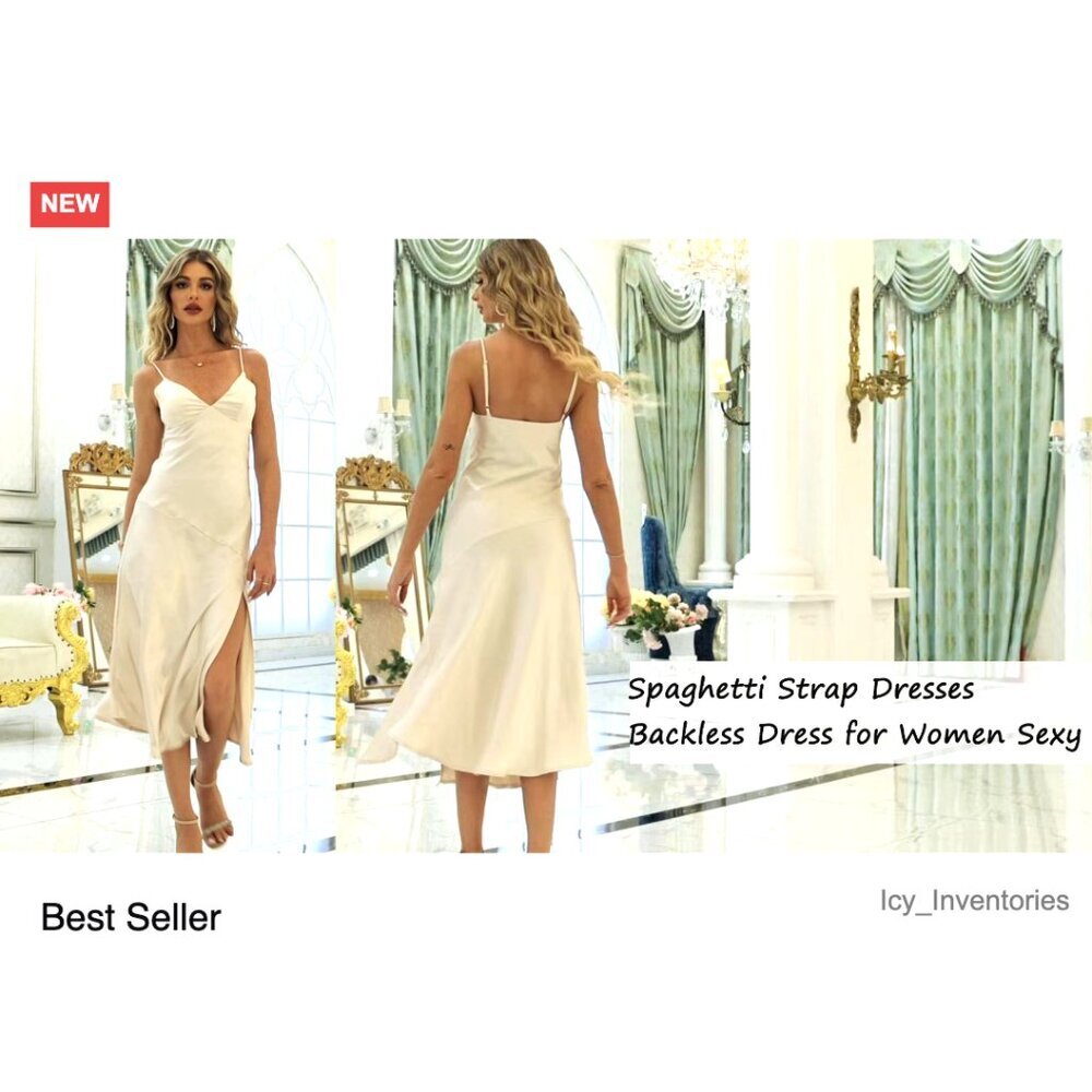 Satin Slip Midi Dress Elegant Wedding Guest Sexy Spaghetti Strap Backless - Picture 6 of 6